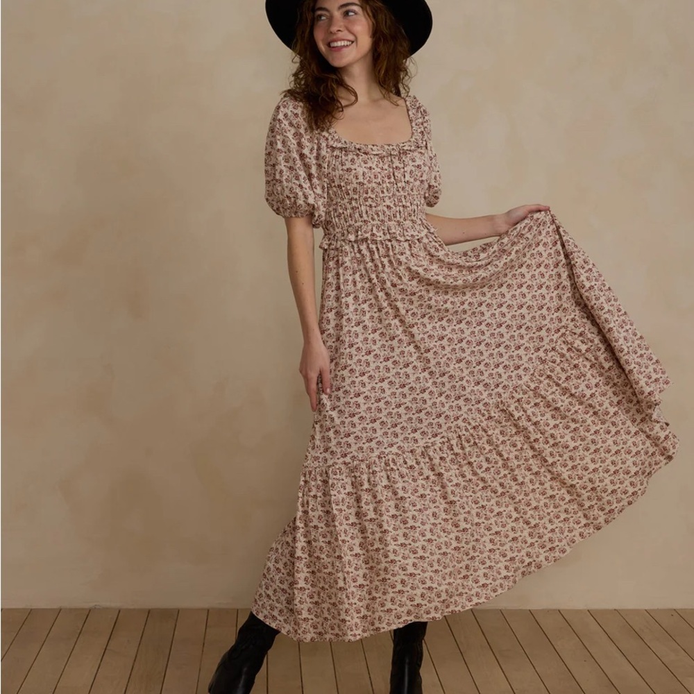Rylee + Cru Tenley Dress | Red Rose Cream Pink Ruffled Tiered Maxi Sundress $95